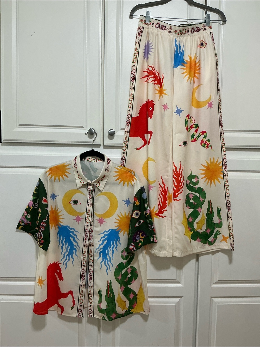 Celestial mythical, short sleeve button up shirt & pants, set dragons, sun, moon